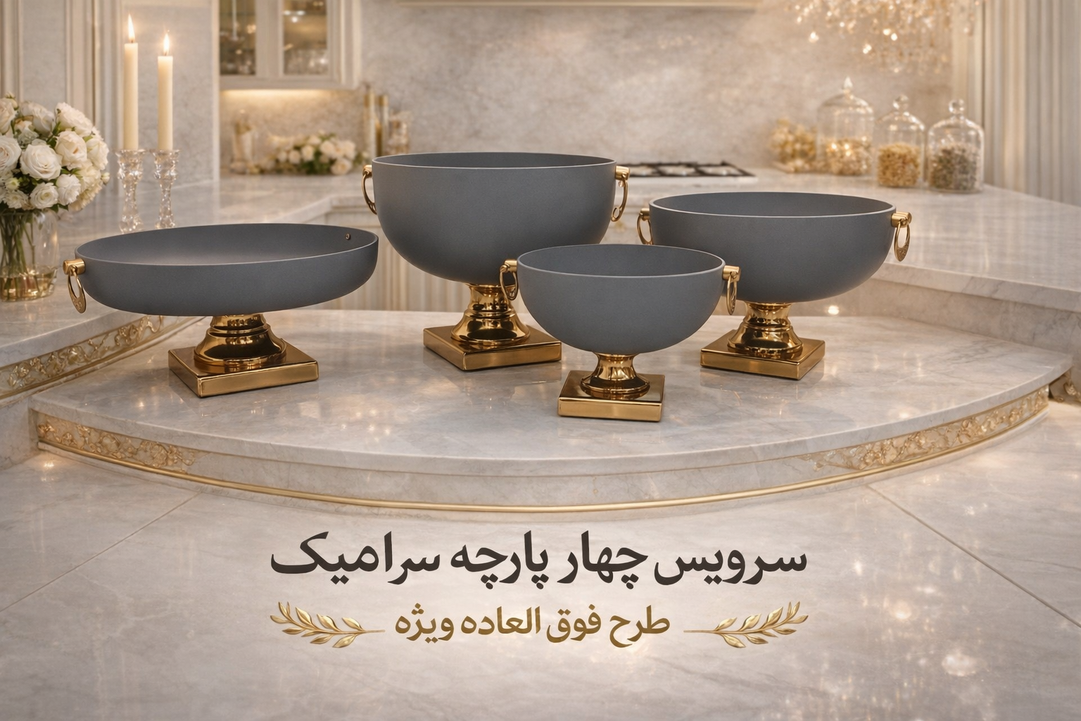 سرویس 4 تکه  میوه خوری وزرا مدل دنیز طوسی طلایی، رنگ استاتیک آبکاری فورتیک